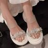 Fashion Temperament Lady Round Heel Sandals Summer New Round Head Beaded Flower Waterproof Platform Non-slip High Heels