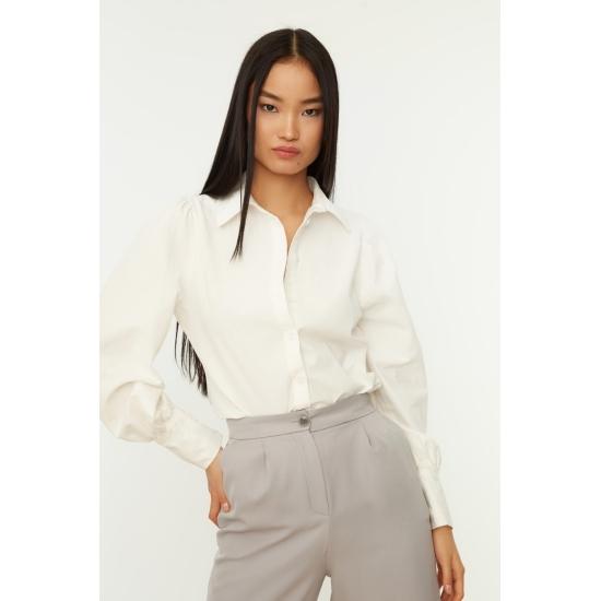 White Woven Balloon Sleeve Basic Stylish Cotton Shirt