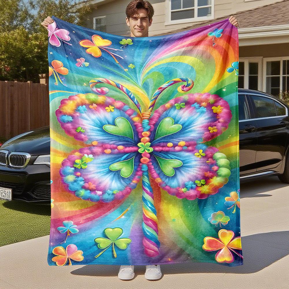 1pc Butterfly, Rainbow Outdoor Flannel Blanket Soft Warm All-Season Throw for Sofa Bed Car Camping Office, Cozy Gift Idea1259S