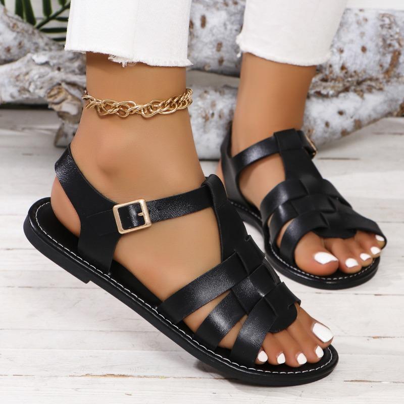 Большие размеры сандалии с пряжкой на ремне и плоским дном, однотонные пляжные сандалии, тапочки