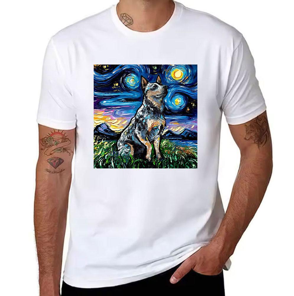 Unisexs 100 Cotton Tshirt Van Gogh Starry Night Style Australian Cattle Dog Graphic Tee Casual Short Sleeve Top