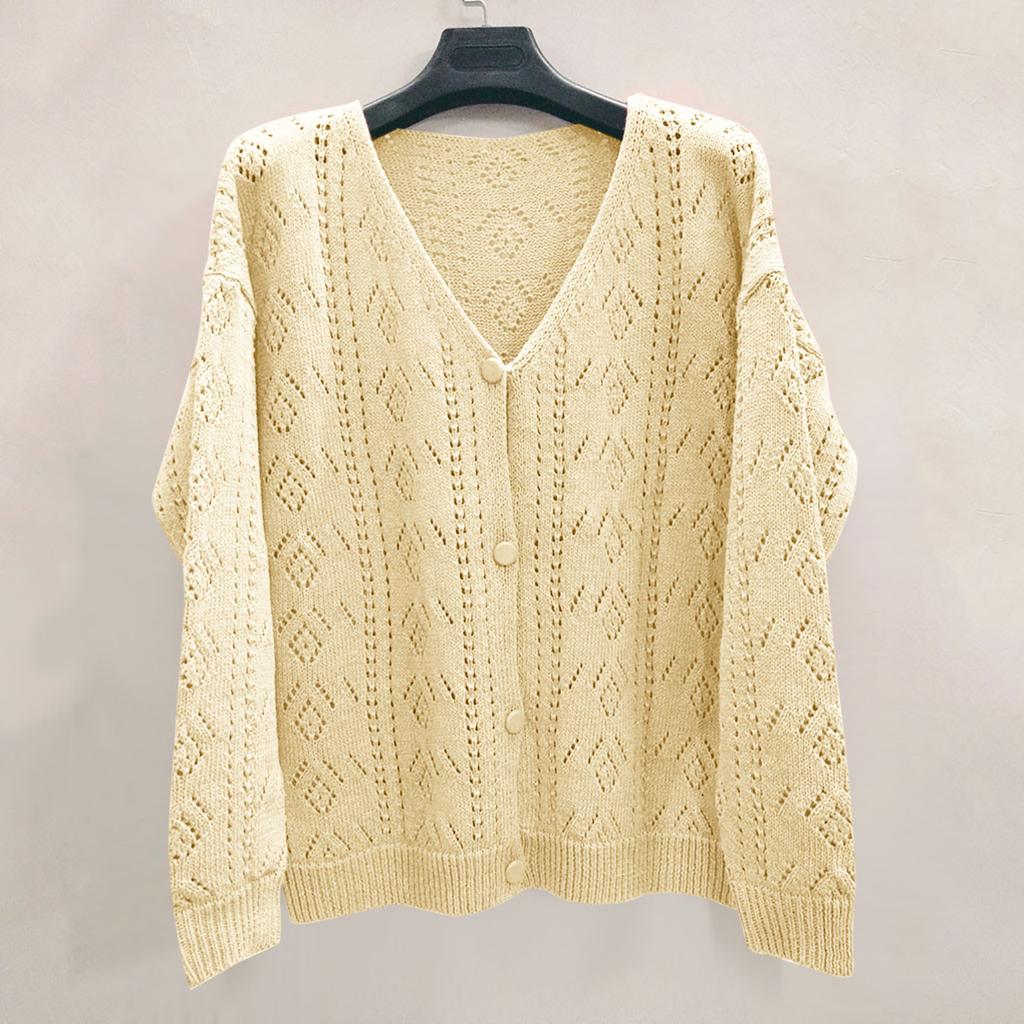 Women's Solid Color Long Sleeve Cutout V-Neck Knitted Cardigan Sweater