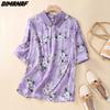 Летняя повседневная блузка, женская льняная блузка с коротким рукавом «летучая мышь», винтажные льняные блузки, рубашки, тонкие топы, футболки, свободные фиолетовые футболки с цветочным принтом