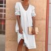 Fashion Short Sleeve V Neck Casual Loose Summer Dress Women Elegant Solid Color Simple A-line Dresses Office Ladies Plus Size Women Clothing