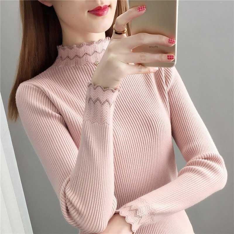 Half High Neck Knitted Sweater with Base Women's Autumn and Winter Long Sleeved Top Lace Lace White Sweater