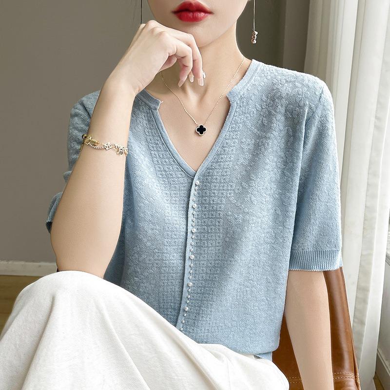 Женская летняя новая футболка с коротким рукавом из ледяного шелка, V-образный вырез, бисероплетение, рубашка с темпераментом Ян, универсальный полый вязаный крючком трикотаж