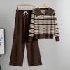 Women's New Fashion Autumn Striped Sweater Wide Leg Pants Knit Two Piece Set