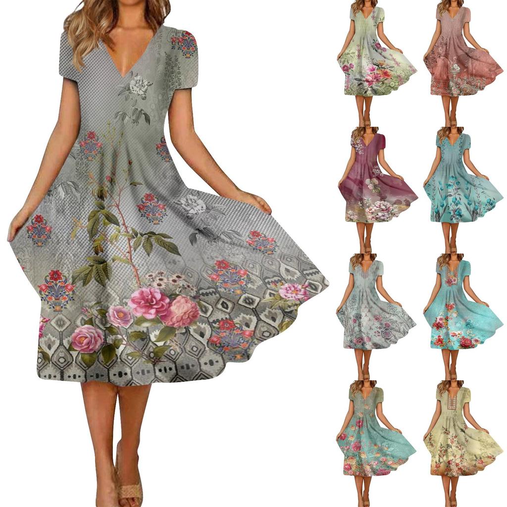 Women's Fashion And All-match Summer Temperament V-neck Printed Short-sleeved Dress