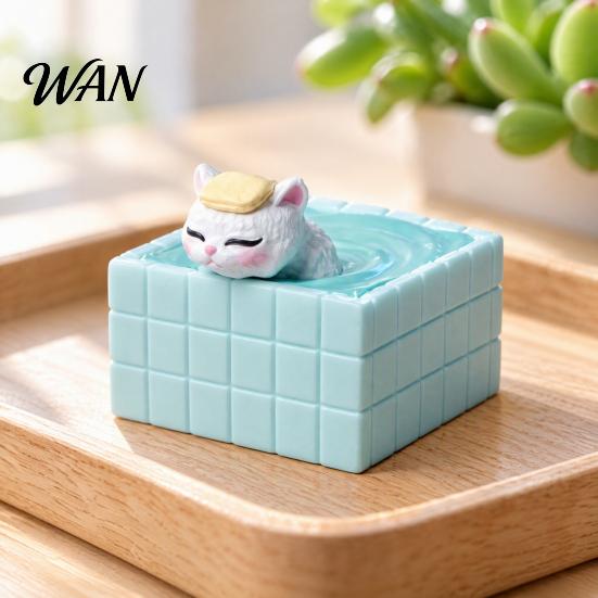 Unique Desktop Ornament for Cat Lovers Cute Bathing Figurine, Mini Kitten in Blue Bathtub Statue, Micro Landscape Small Sculpture Home Fairy