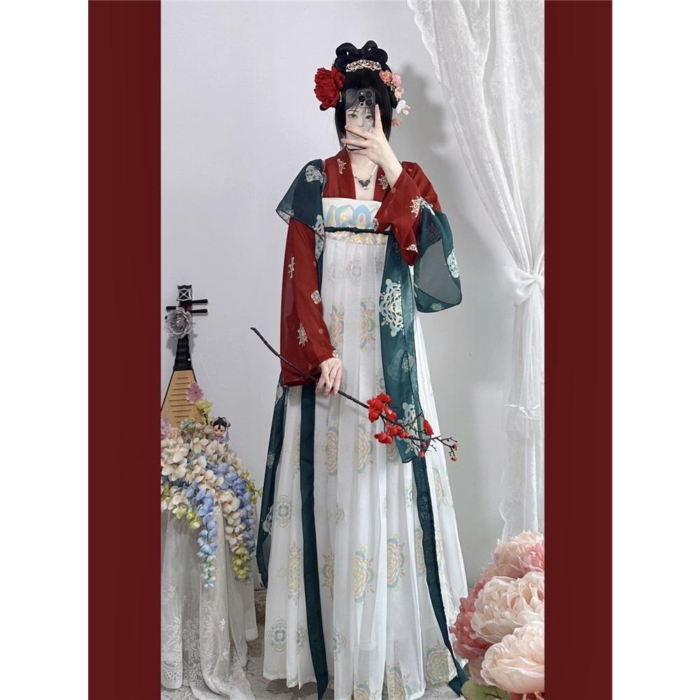 Chinese Tang Dynasty Style Print Restored Hanfu One-piece Chest-length Skirt Suit For Women