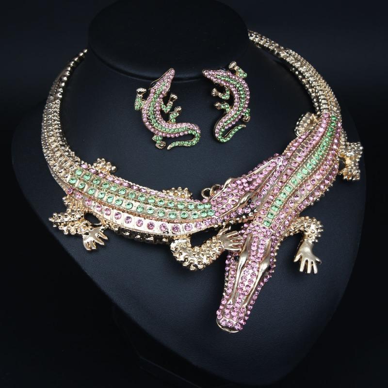 Vintage Exaggerated Crocodile Necklace Earrings Set with Diamond Personalized Collar Women's Accessories
