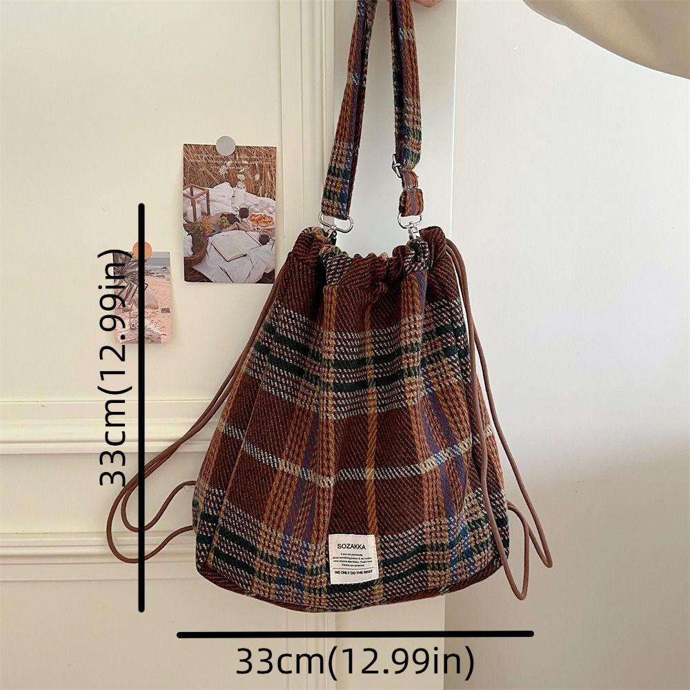 Большая вместимость клетчатая сумка на шнурке в корейском стиле Y2k школьный рюкзак в клетку на шнурке для девочек