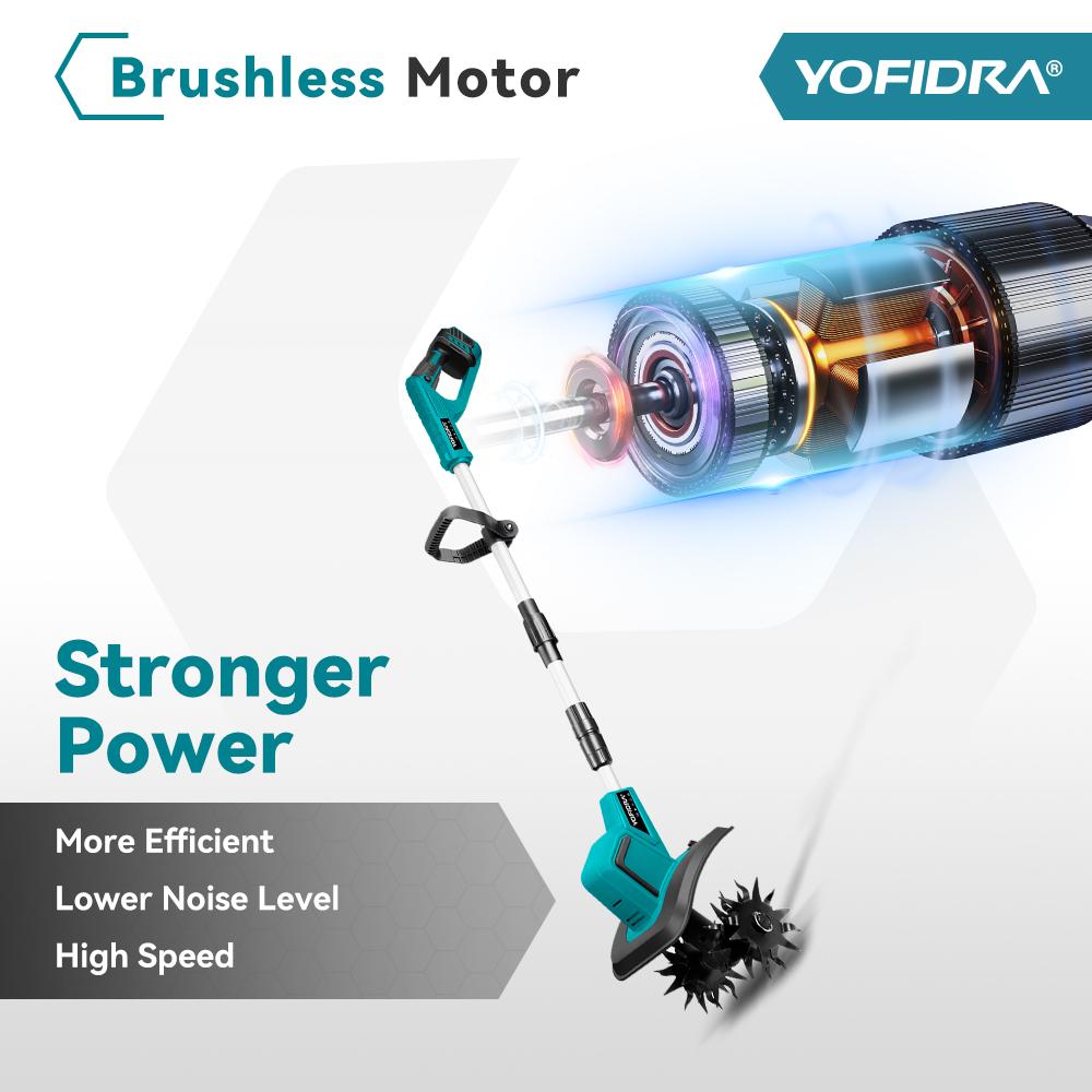 Yofidra Бесщеточный электрический садовый культиватор, газонокосилка, роторный культиватор для обработки почвы, садовый инструмент, подходящий для аккумуляторных штифтов Makita 18 В