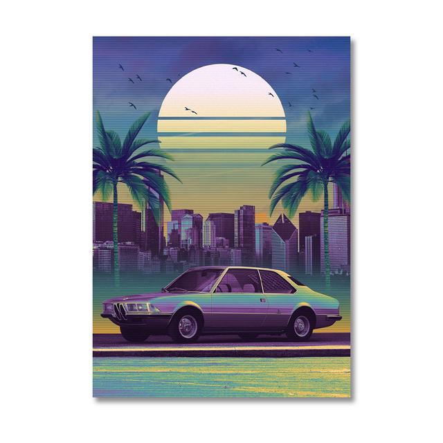 80S Винтаж Неоновый Спортивный Автомобиль Закат Пальма Картина Маслом Старинный Плакат Гостиная Стены Искусства