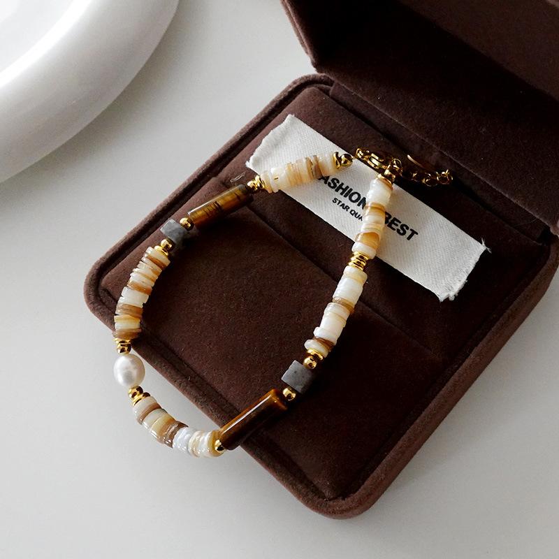 Ожерелье из бисера «Тигровый глаз» с овальным узором Майяра, цепочка для свитера премиум-класса из титановой стали, винтажный кофейный оттенок, натуральный камень, ключичная цепочка