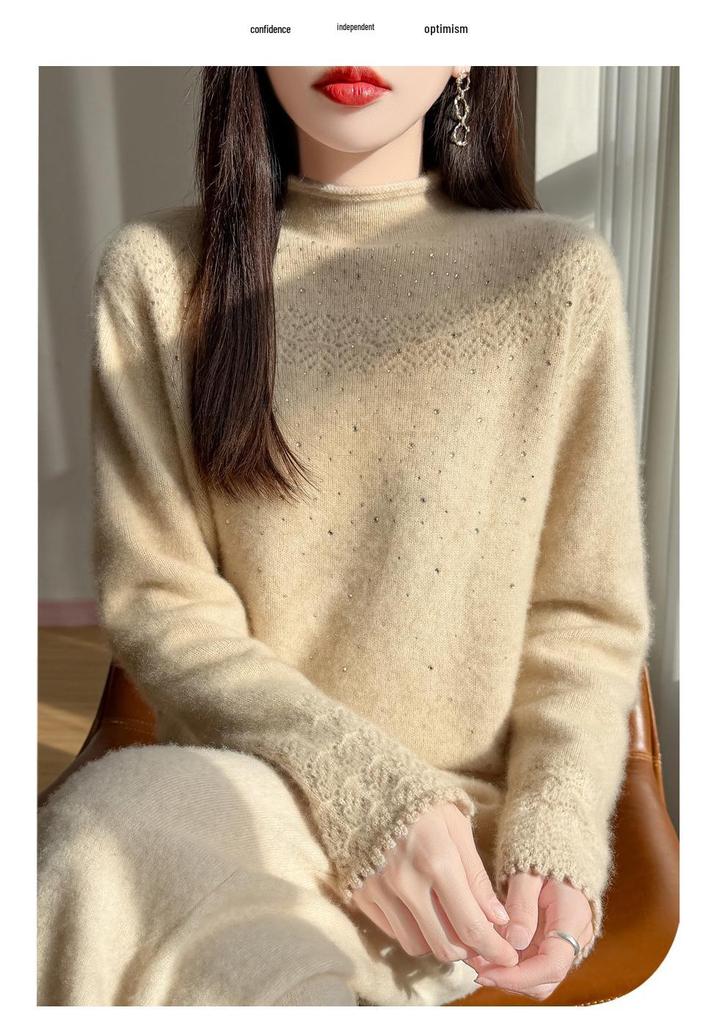 2026 A/W Wool Sweater: Thickened Roll Edge, Half-High Collar, Long Sleeve, Hot-Fix Rhinestone, Hollow-Out Knitwear.