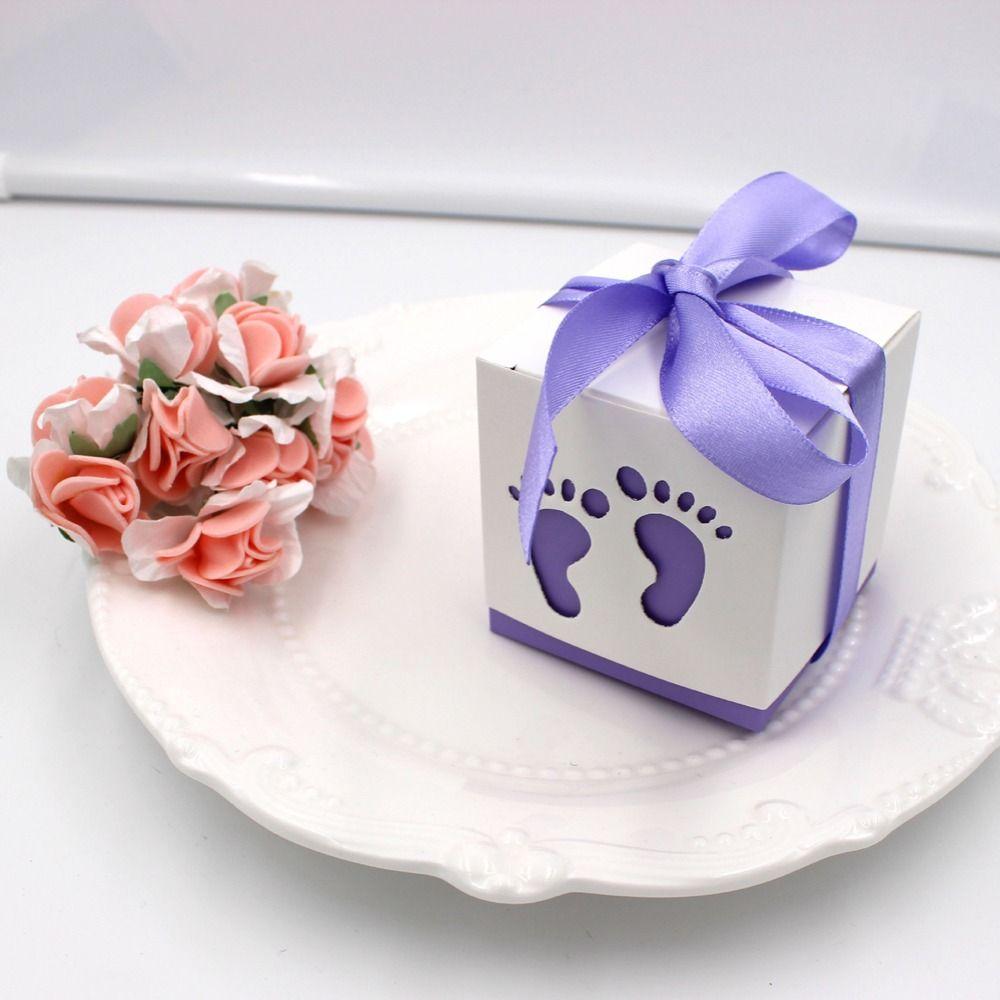 10pcs Ribbon Footprints Candy Box Cute Gift Packaging Box Baby Shower Favor Boxes Baby Shower