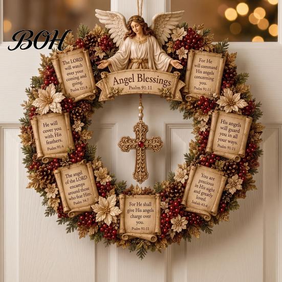 Spiritual Home Ornaments Christian Bible Verse Christmas Wreath, Pine Cones Decor, Religious Faith Hope Love Decor Scripture Wreath for Front