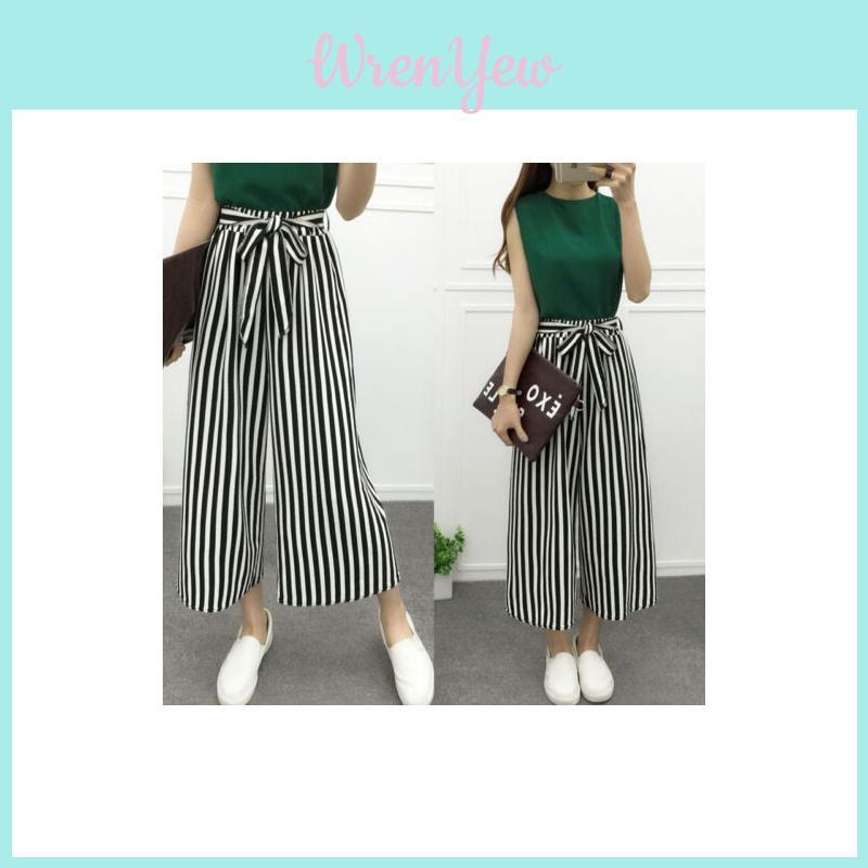 Women Wide Korean Leg High Waist Loose Baggy Casual Striped Crop Pants Trousers