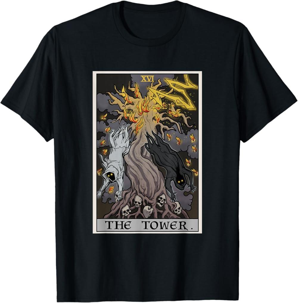 The Tower Tarot Card Halloween Tree of Life Gothic Horror T-Shirt Heavy Cotton
