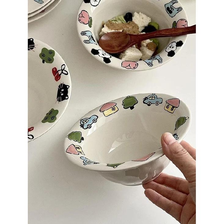 Home Use Ceramic Salad Bowl Relief Craft High Aesthetic Value Yogurt Bowl Straw Hat Shape Style Cartoon Pattern Bowl