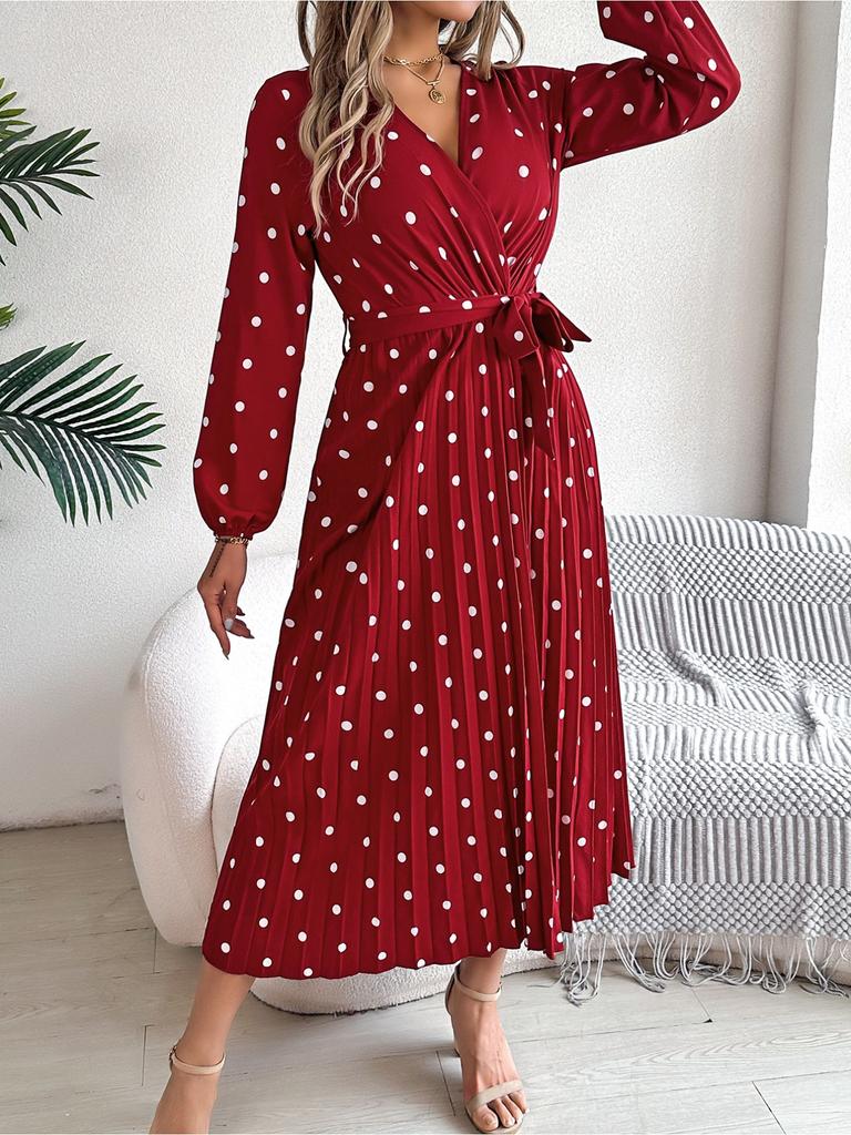 V Neck Printed Overlapping Dress Waist Hugging  Elegant Pleats Wave Point Dress for Women Long Sleeve Loose Dresses Causal Dress