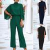 Women Elegant Jumpsuit Split Batwing Sleeve Solid Color High Waist Stand Collar Wide Leg Pleated Long Sleeve Lady Prom Banquet Commuting Jumpsuit