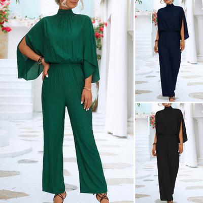 Женский элегантный комбинезон с разрезом и рукавами «летучая мышь», однотонный комбинезон с высокой талией и воротником-стойкой, широкий плиссированный комбинезон с длинными рукавами, женский комбинезон для выпускного банкета