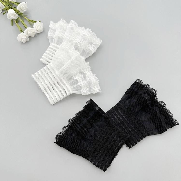 1 пара белых кружевных манжет, комплект аксессуаров для костюма, кружевная сетка, расклешенные рукава, съемные манжеты, плиссированные накладные манжеты со складками