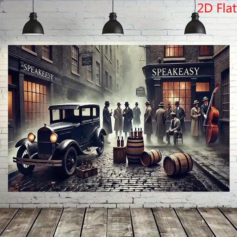 Двумерный фон для бара «Speakeasy», ретро-фон с гангстерской машиной 1920-х годов и бочкой виски для украшения вечеринки