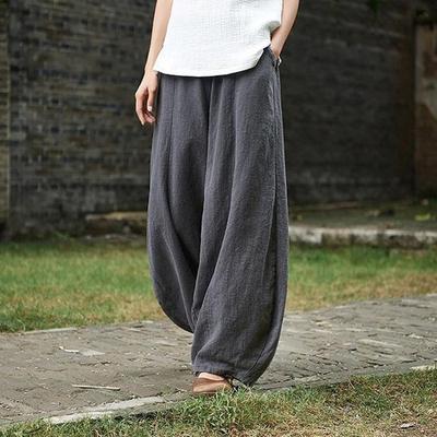 Весна-лето Хлопок Льняной Стиль Шаровары Широкие Брюки Женские Винтажные Длинные Элегантные Брюки Твердые Эластичная Талия