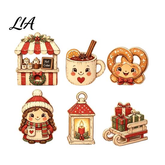 Retro Style Wooden Decorations 6Pcs Christmas Tabletop Signs, Xmas Sign Decor, Santa Indoor Party Supplies Snowman Reindeer Gingerbread House