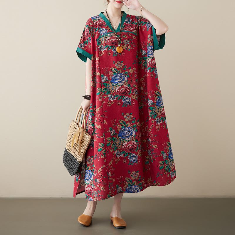 Летнее хлопковое льняное платье с V-образным вырезом, свободное, большого размера, в китайском стиле, ханьфу, улучшенное, средней длины, с короткими рукавами, для женщин, платья