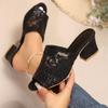 Fashion Breathable Mesh Slippers Women New Summer Shoes Women Fashion Peep Toe Square Heels Sliver Mules Shoes High Heels
