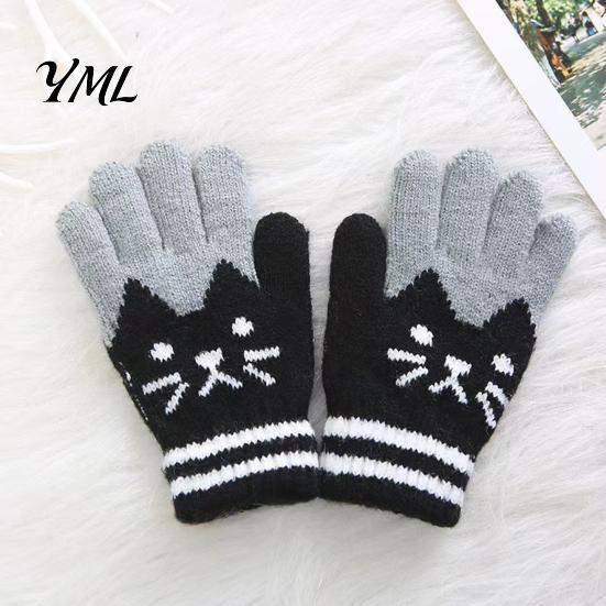Playful Jacquard Gloves for Daily Wear 1 Pair Kids Winter Gloves, Cozy Thick Lined Mittens with Flexible Knitted Writing Playing Cute Cat Pattern,