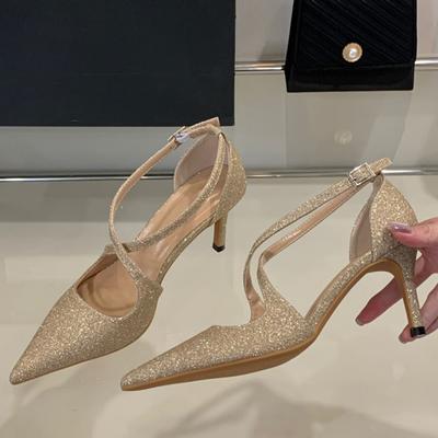 Eilyken Блестящие туфли-лодочки с острым носком из ткани с пайетками, элегантные туфли на тонком высоком каблуке с ремешком и пряжкой для вечеринки, выпускного бала, мюли