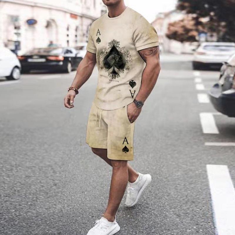 Мужская мода, новый спортивный комплект, летние повседневные освежающие шорты с 3D покерным принтом и короткими рукавами, топ большого размера в стиле Y2K
