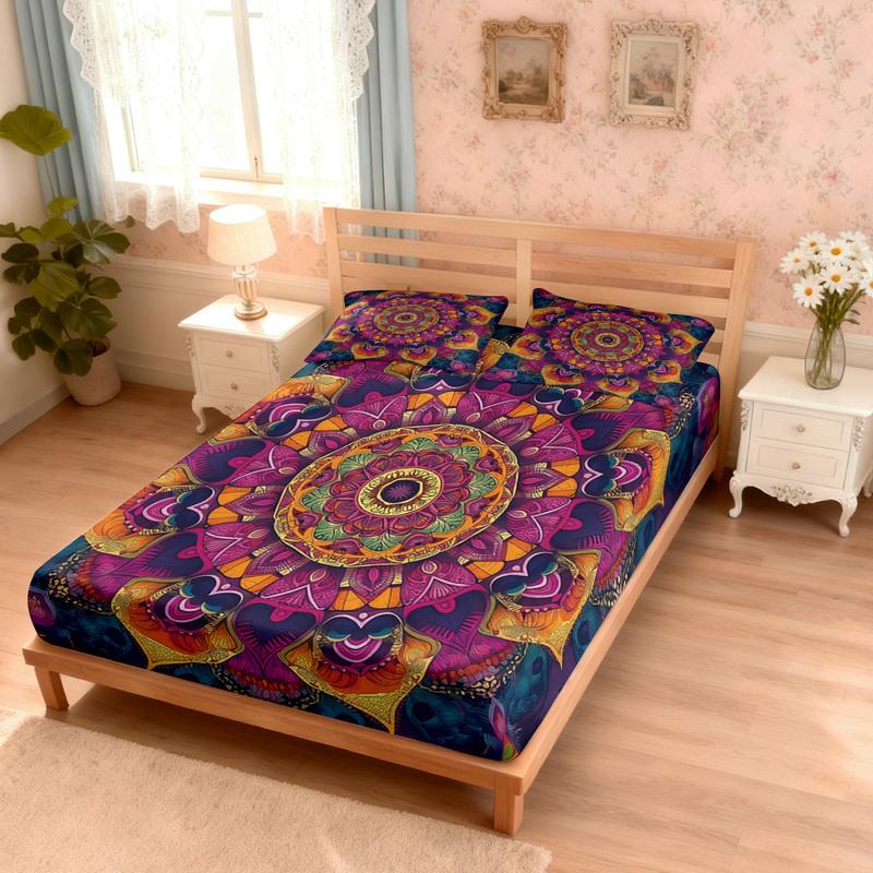 3pcs Bohemian Pattern Printed Coreless Bed Sheet Set, Multiple Sizes, Soft Bed Covers, Bedroom Bedding Decoration