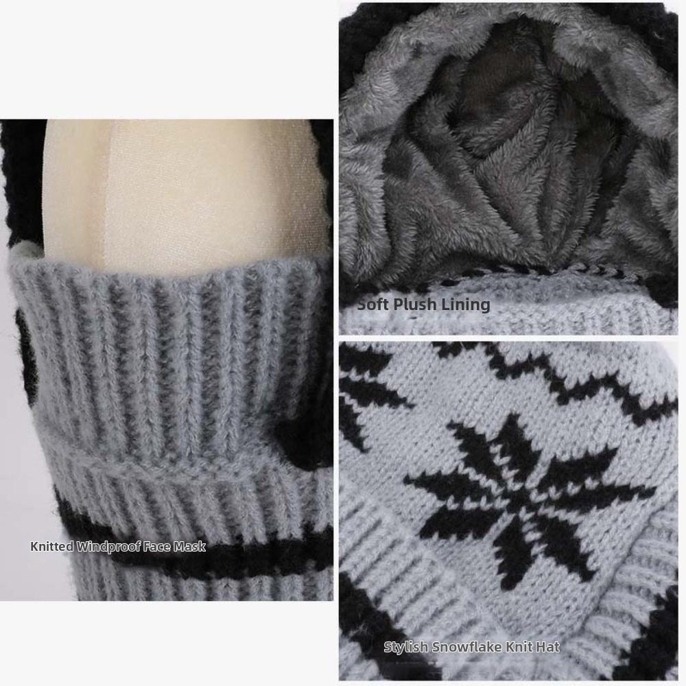Fleece Lining Knitted Balaclava Hat Snowflake Jacquard Thermal Face Cover Fashion Ladies