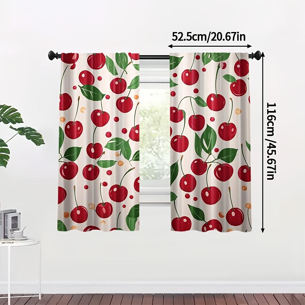 Cartoon Red Cherry Curtains, Fresh Fruit Leaf Dot Pattern White Drapes for Bedroom Kitchen Living Room Farmhouse Home Decor