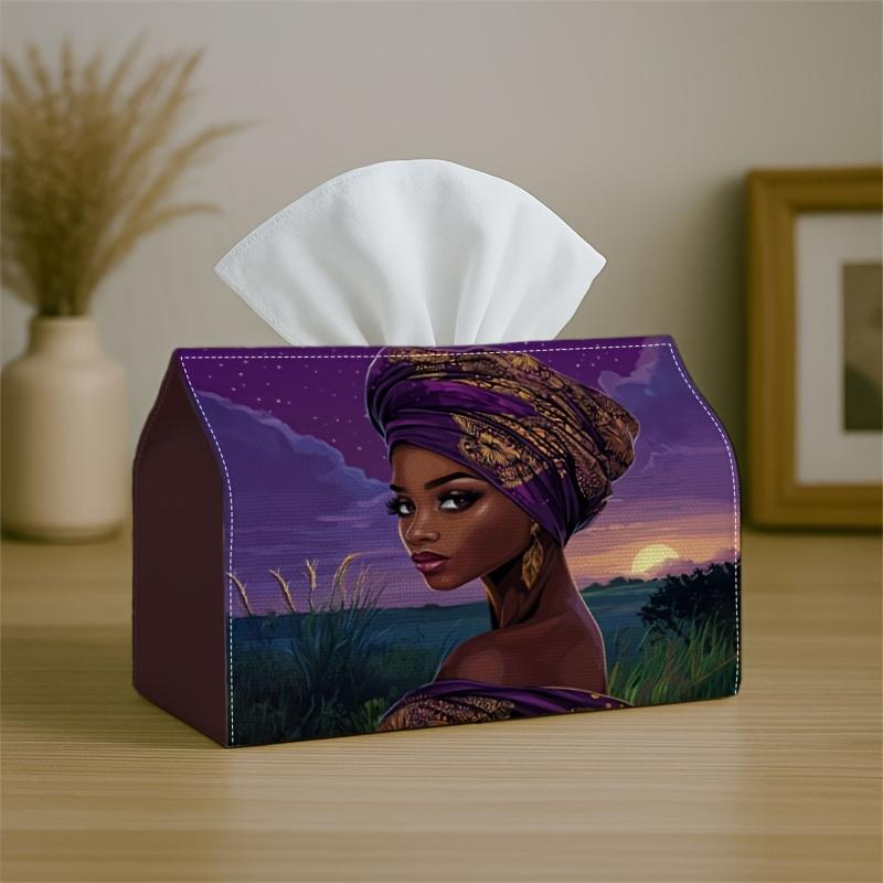 1pc African-Themed Tissue Box Holder with Woman Portrait - Multifunctional Tissue Dispenser Suitable for Bedroom, Living Room, Car &, Purple Golden Su