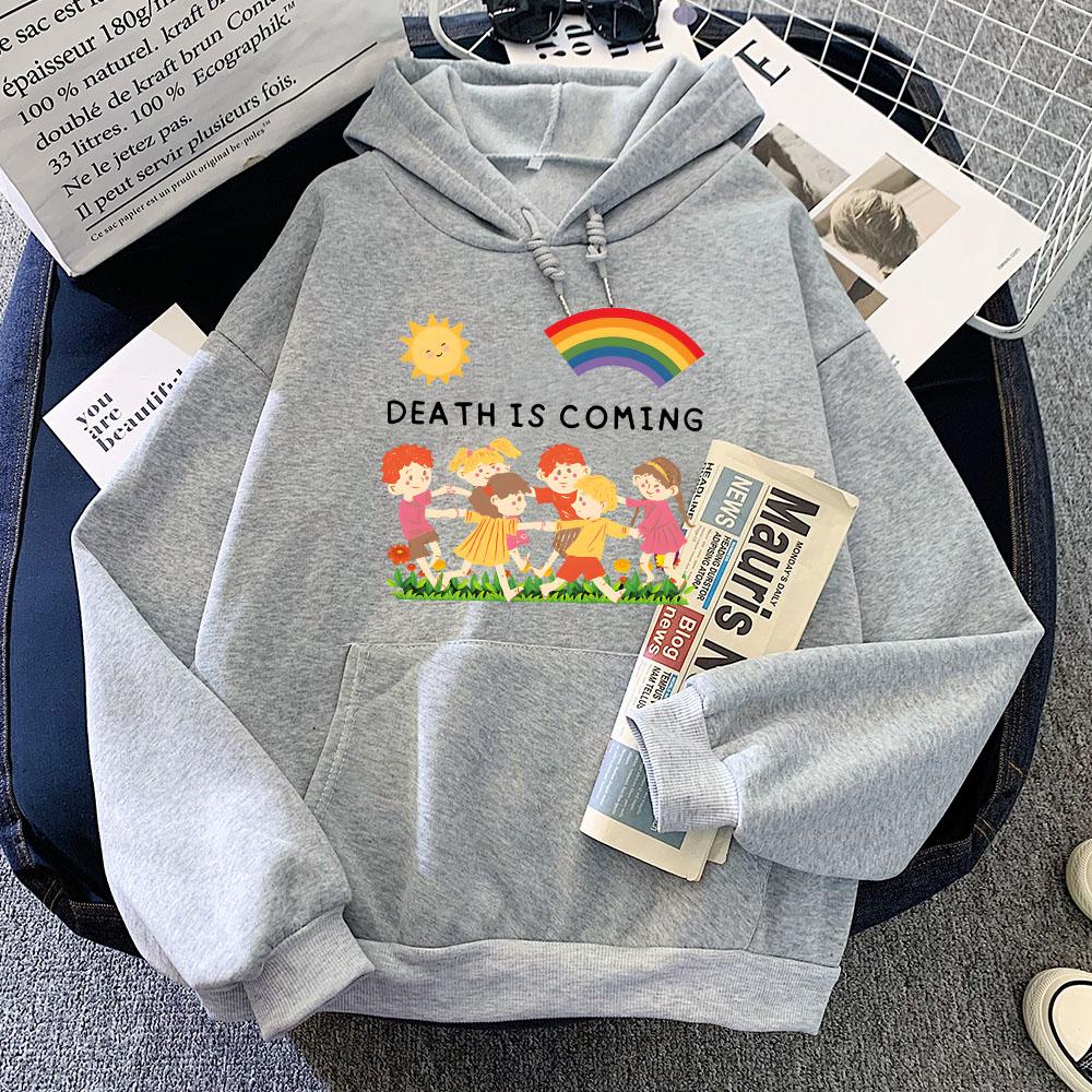 Graphic Clothes Death Is Coming Letter Printing Hoodies Women/Men Winter Comfortable Sweatshirts Hooded Cartoon Cute Hoody