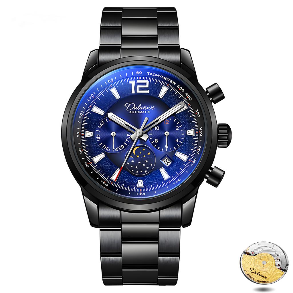 Creative Meteorite Dial Mechanical Watch Moon Phase Window Week Month Calendar Display Men's Waterproof Luminous Mechanical Watch