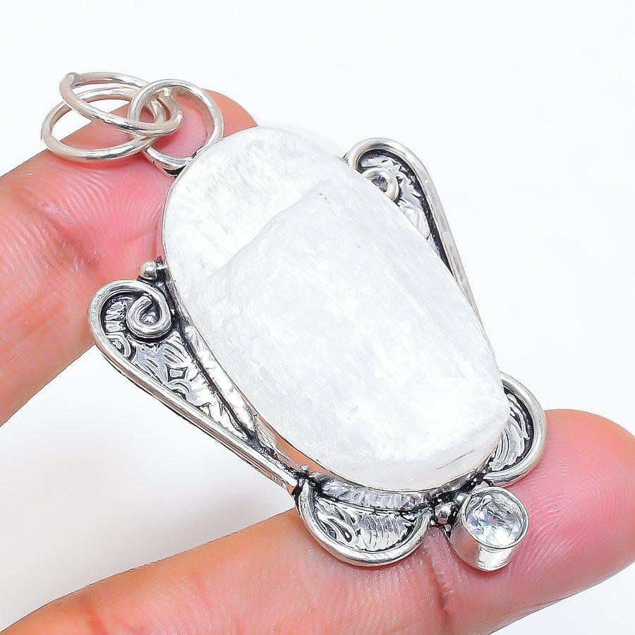 Natural Selenite Gemstone 925 Sterling Silver Jewelry Pendant 2.40" ZS-217
