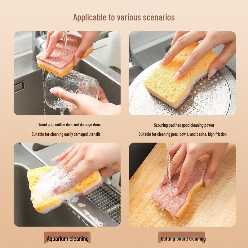 Wood Pulp Cotton Cleaning Sponge & Brush Set - Absorbent Dishcloth, Magic Eraser, Kitchen Scouring Pad