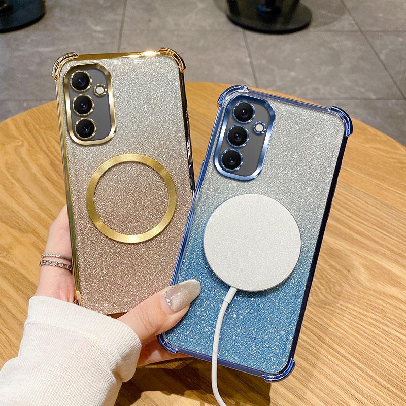 Plating Shockproof Clear Magnetic Ring Phone Case For Samsung Galaxy A06 A16 A05 A15 A25 A35 A55 A54 S20 S21 S22 S23 S24 NOTE20 Glitter Soft Cover