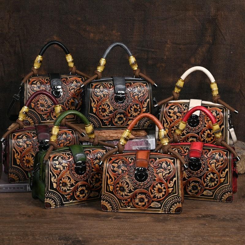 Vintage Luxury Handbag Handmade Leather Carved Women Bag Versatile Female Shoulder & Crossbody Bags