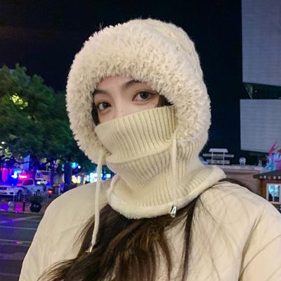 Новые осенне-зимние шапки для женщин, вязаные шерстяные шарфы-интегрированные шапки для зимы, теплые шапки с плюшевой подкладкой для защиты головы от холода, шапки с защитой ушей