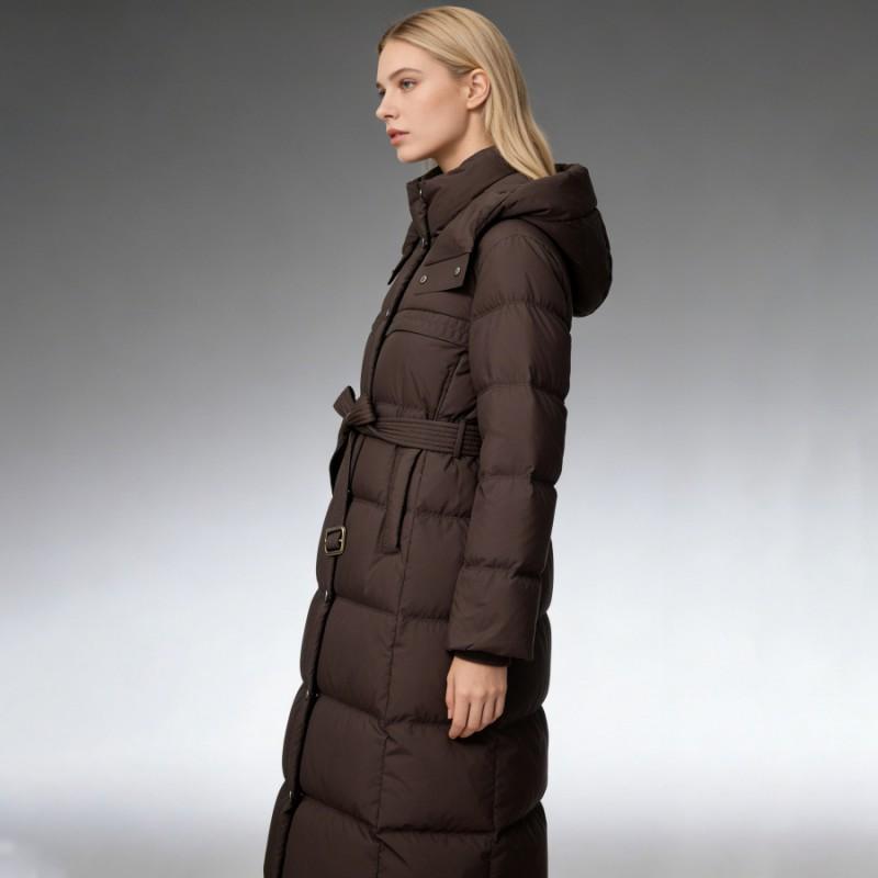 Womens Long Winter Down Coat With Hood Slim Fit White Duck Puffer Jacket Cold Weather