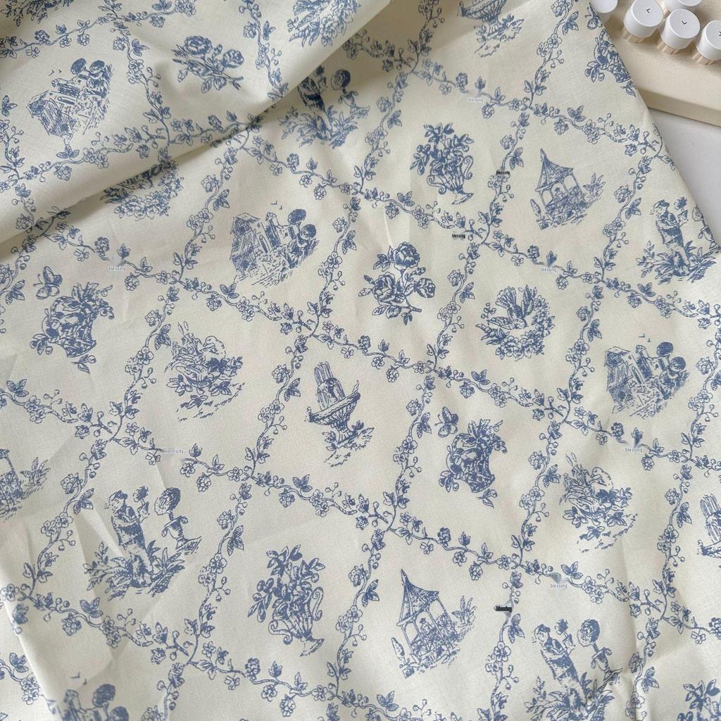 100% Cotton Digital Print Fabric: Retro Blue & White Floral Design for Children's & Women's Dresses and Handbags